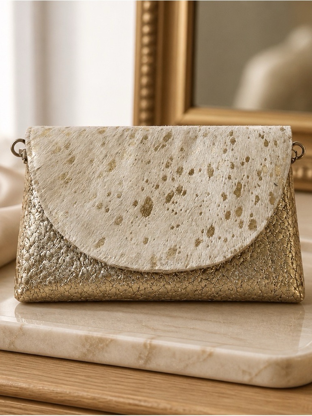 Speckled Ivory & Metallic Gold Weave Crossbody| Clutch